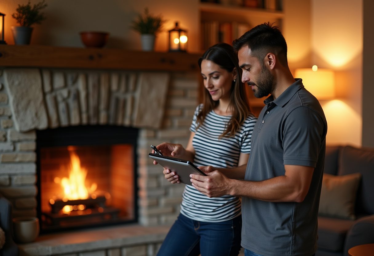Technician showing a camera inspection beside a stone fireplace — Auburn